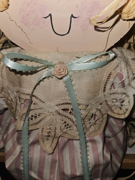 Vintage Straw Hair Wood Shelf Sitting Doll