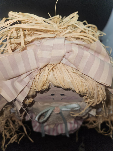Vintage Straw Hair Wood Shelf Sitting Doll