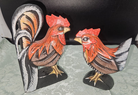 Set of 2 Hand Carved Hand Painted Folk Art Cockerel & Chicken Statues