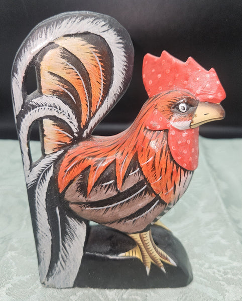 Set of 2 Hand Carved Hand Painted Folk Art Cockerel & Chicken Statues