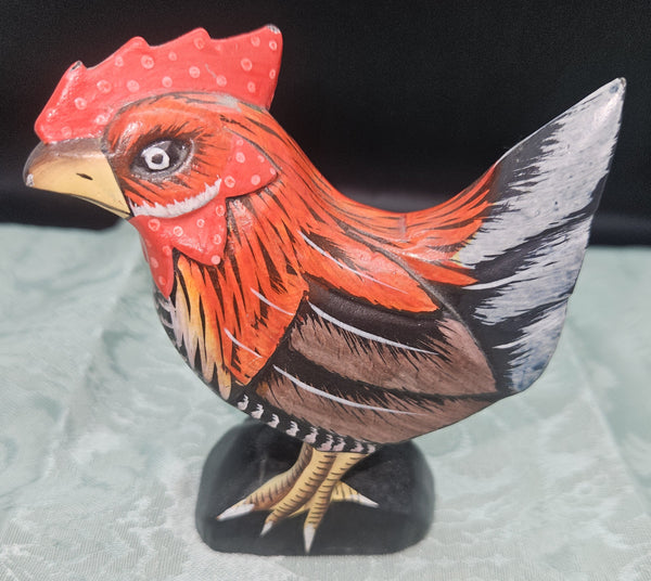 Set of 2 Hand Carved Hand Painted Folk Art Cockerel & Chicken Statues