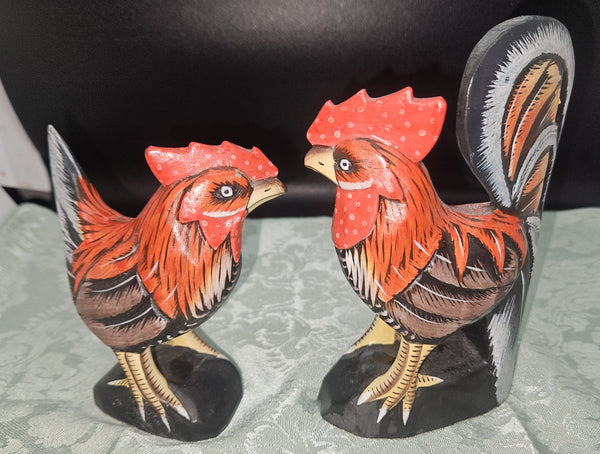 Set of 2 Hand Carved Hand Painted Folk Art Cockerel & Chicken Statues
