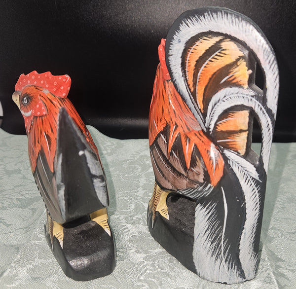Set of 2 Hand Carved Hand Painted Folk Art Cockerel & Chicken Statues