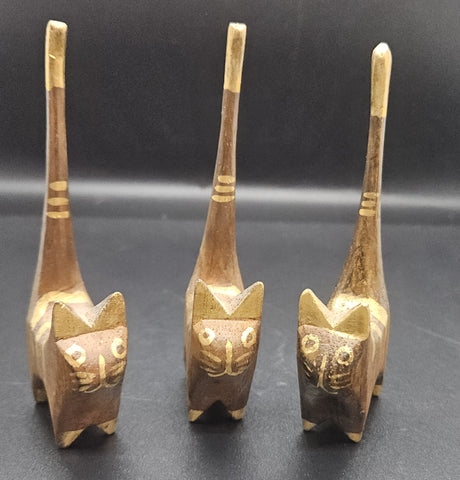 Set of 3 Wood Folk Art Gold Tip Cats