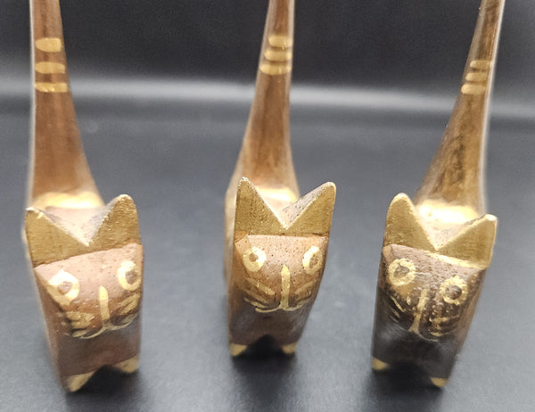 Vintage Set of 3 Wood Folk Art Gold Tip Cats