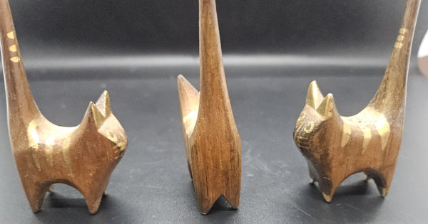 Vintage Set of 3 Wood Folk Art Gold Tip Cats