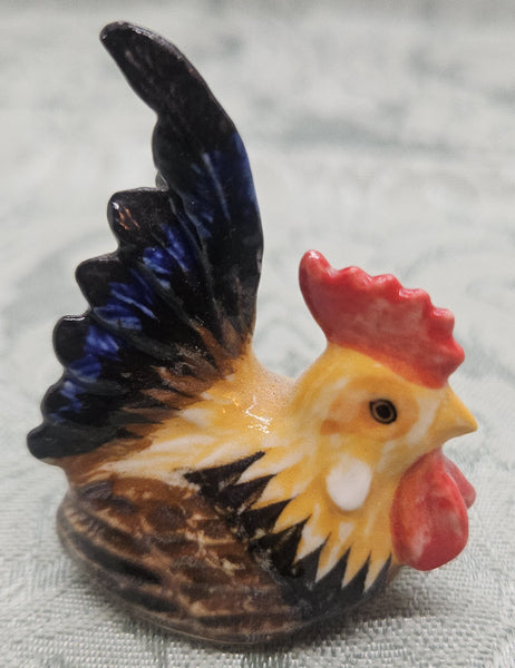 Blue, Brown & Tan Miniature Ceramic Vintage Rooster