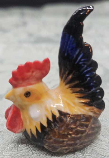 Blue, Brown & Tan Miniature Ceramic Vintage Rooster