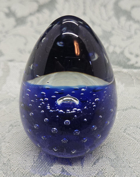 Vintage Glass Clear & Cobalt Blue Egg Shaped Paperweight