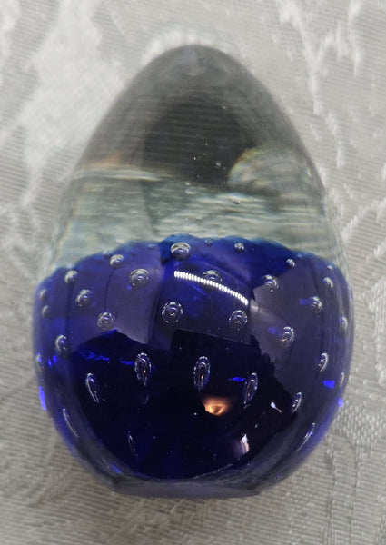 Vintage Glass Clear & Cobalt Blue Egg Shaped Paperweight