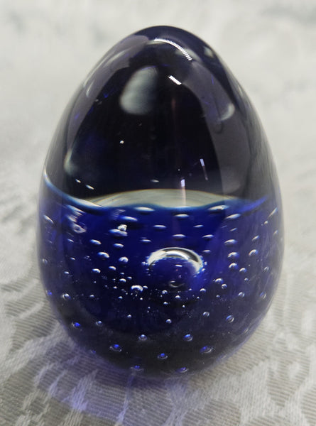 Vintage Glass Clear & Cobalt Blue Egg Shaped Paperweight
