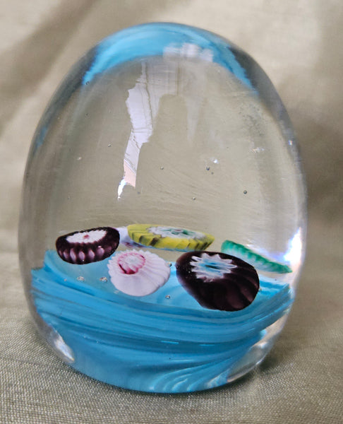 Vintage MCM Murano Glass Egg Shaped Blue Floral Paperweight Desk Decor Art Glass