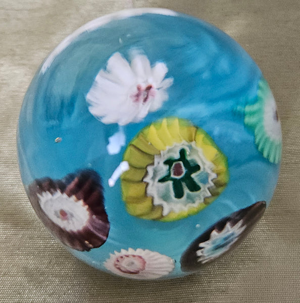 Vintage MCM Murano Glass Egg Shaped Blue Floral Paperweight Desk Decor Art Glass