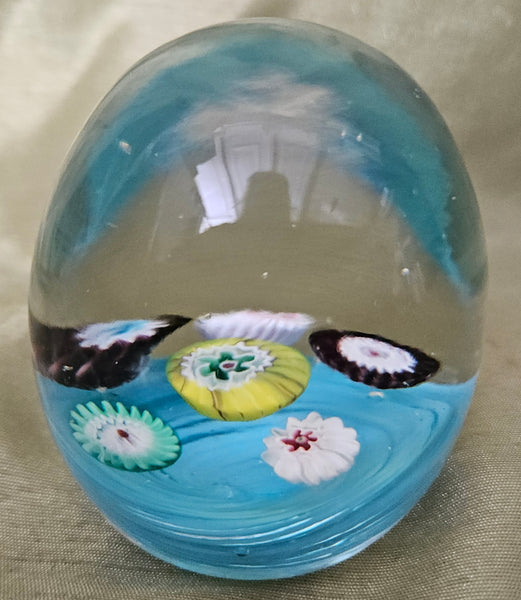 Vintage MCM Murano Glass Egg Shaped Blue Floral Paperweight Desk Decor Art Glass