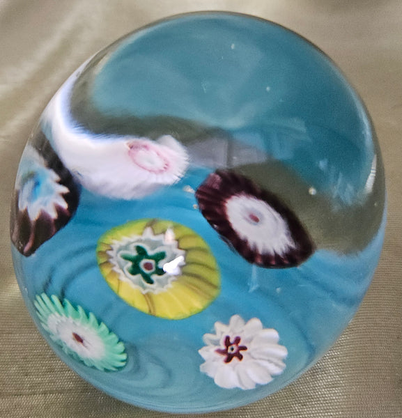 Vintage MCM Murano Glass Egg Shaped Blue Floral Paperweight Desk Decor Art Glass