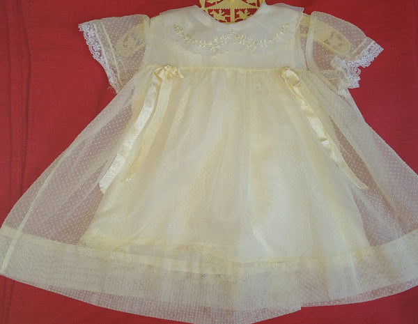 Girls 2-Pc Vintage Yellow 12 Month Swiss Dot & Lace Dress