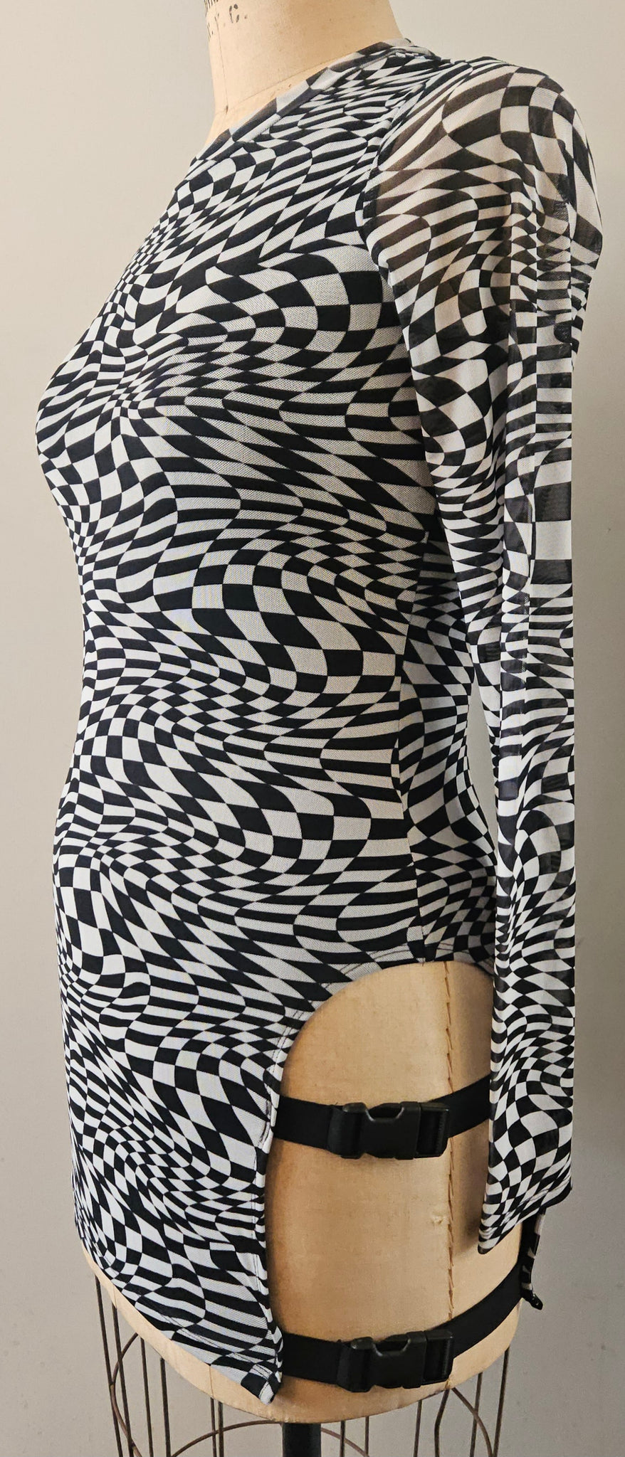 Large POSTER GIRL Black & White Race Track Print Sheer Lined Y2K Buckle Slit Dress