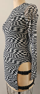 Large POSTER GIRL Black & White Race Track Print Sheer Lined Y2K Buckle Slit Dress