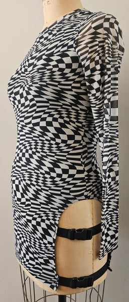 Large POSTER GIRL Black & White Race Track Print Sheer Lined Y2K Buckle Slit Dress