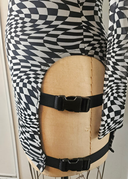 Large POSTER GIRL Black & White Race Track Print Sheer Lined Y2K Buckle Slit Dress