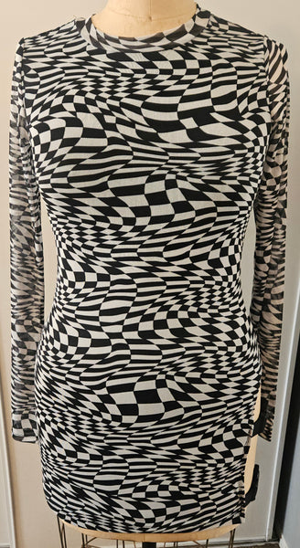 Large POSTER GIRL Black & White Race Track Print Sheer Lined Y2K Buckle Slit Dress