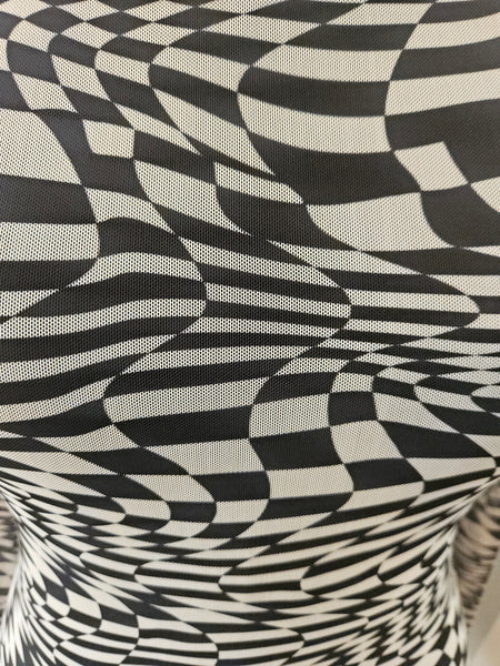 Large POSTER GIRL Black & White Race Track Print Sheer Lined Y2K Buckle Slit Dress