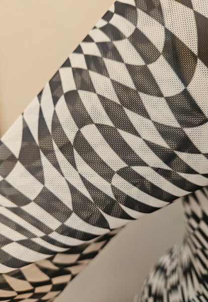 Large POSTER GIRL Black & White Race Track Print Sheer Lined Y2K Buckle Slit Dress