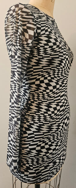 Large POSTER GIRL Black & White Race Track Print Sheer Lined Y2K Buckle Slit Dress