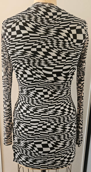Large POSTER GIRL Black & White Race Track Print Sheer Lined Y2K Buckle Slit Dress