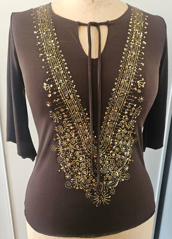 Small BRITTANY BLACK Brown Blouse with Gold Sequence Accents