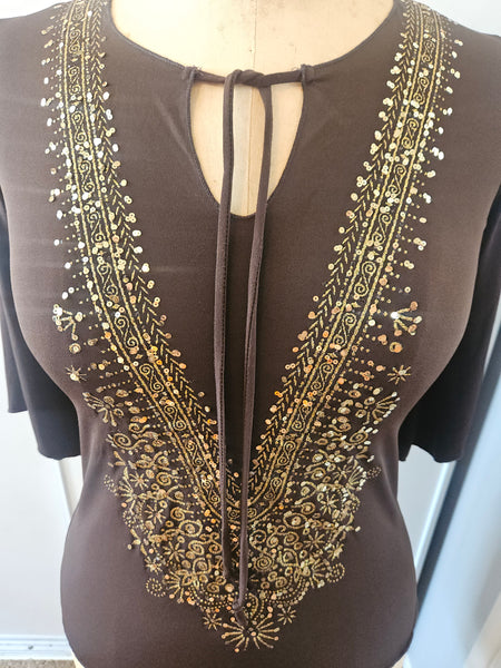 Small BRITTANY BLACK Brown Blouse with Gold Sequence Accents