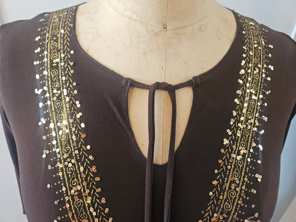 Small BRITTANY BLACK Brown Blouse with Gold Sequence Accents