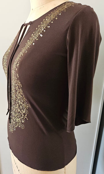 Small BRITTANY BLACK Brown Blouse with Gold Sequence Accents