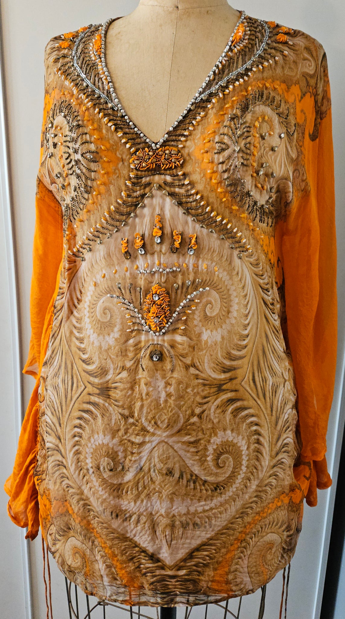 XL Vintage ETINCELLE COUTOUR 100% Silk Orange & Brown Beaded Sheer Blouse