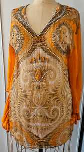 XL Vintage ETINCELLE COUTOUR 100% Silk Orange & Brown Beaded Sheer Blouse