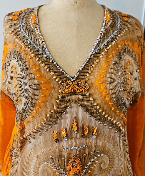 XL Vintage ETINCELLE COUTOUR 100% Silk Orange & Brown Beaded Sheer Blouse