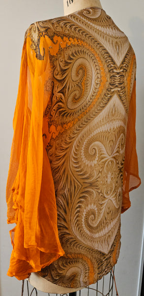 XL Vintage ETINCELLE COUTOUR 100% Silk Orange & Brown Beaded Sheer Blouse