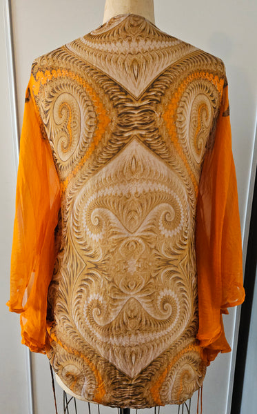 XL Vintage ETINCELLE COUTOUR 100% Silk Orange & Brown Beaded Sheer Blouse