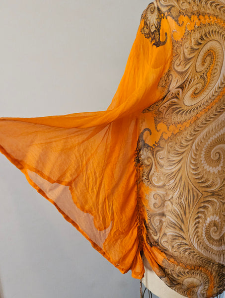 XL Vintage ETINCELLE COUTOUR 100% Silk Orange & Brown Beaded Sheer Blouse
