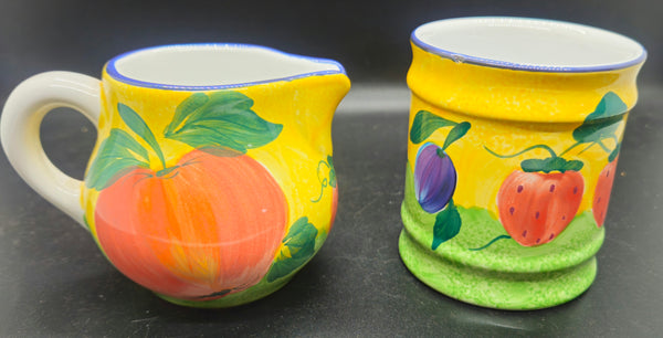Vintage HEREND VILLAGE POTTERY Fruit Hand Painted Sugar & Creamer Set