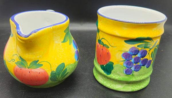 Vintage HEREND VILLAGE POTTERY Fruit Hand Painted Sugar & Creamer Set