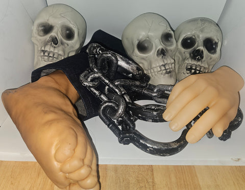 Lot of 7-Pc Halloween Decorations (Fake Hand / Foot, Chains & Skeleton Heads)