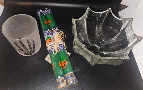 Lot of 4-Pc Halloween Decorations (Candles, Candle Holder & Candy Dish)