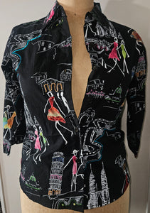 Size Large Women's Vintage LIFE STYLE Black Paris Theme Button Front Blouse w/ Sequence