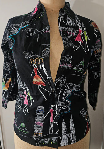 Size Large Women's Vintage LIFE STYLE Black Paris Theme Button Front Blouse w/ Sequence