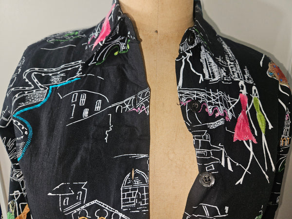 Size Large Women's Vintage LIFE STYLE Black Paris Theme Button Front Blouse w/ Sequence