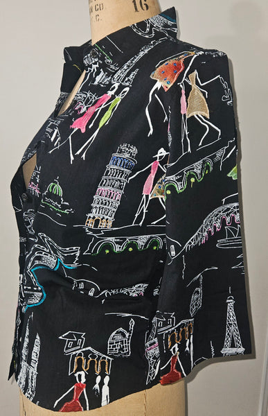 Size Large Women's Vintage LIFE STYLE Black Paris Theme Button Front Blouse w/ Sequence