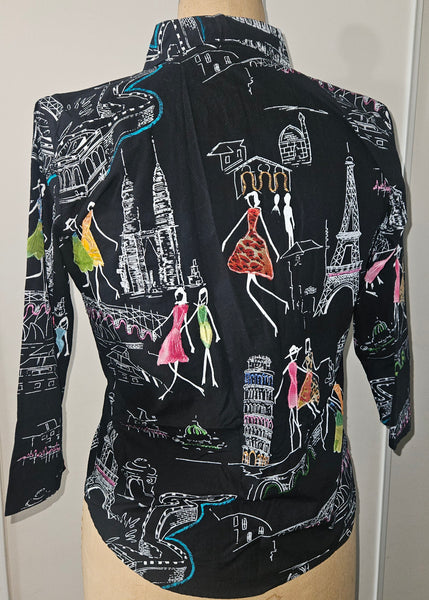 Size Large Women's Vintage LIFE STYLE Black Paris Theme Button Front Blouse w/ Sequence