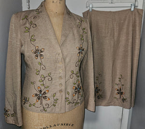 Size 12 SILKLAND Tan Embroidered & Beaded 2-Pc Vintage Skirt Suit