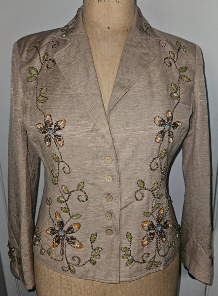 Size 12 SILKLAND Tan Embroidered & Beaded 2-Pc Vintage Skirt Suit